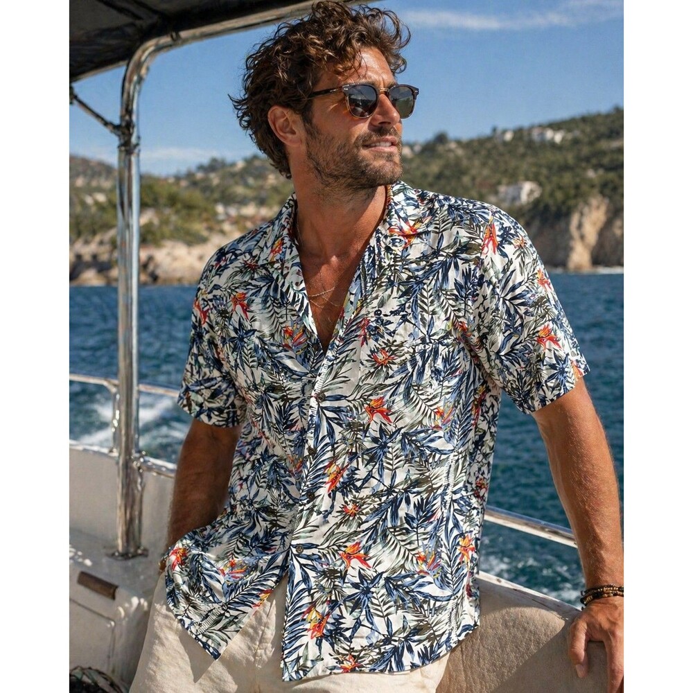 Free Planet Hawaiian Shirt Mens Large Tropical Floral Viscose Button Up...